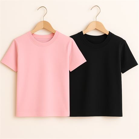 Basic Bisiklet Yaka Pembe-Siyah 2'li T-shirt