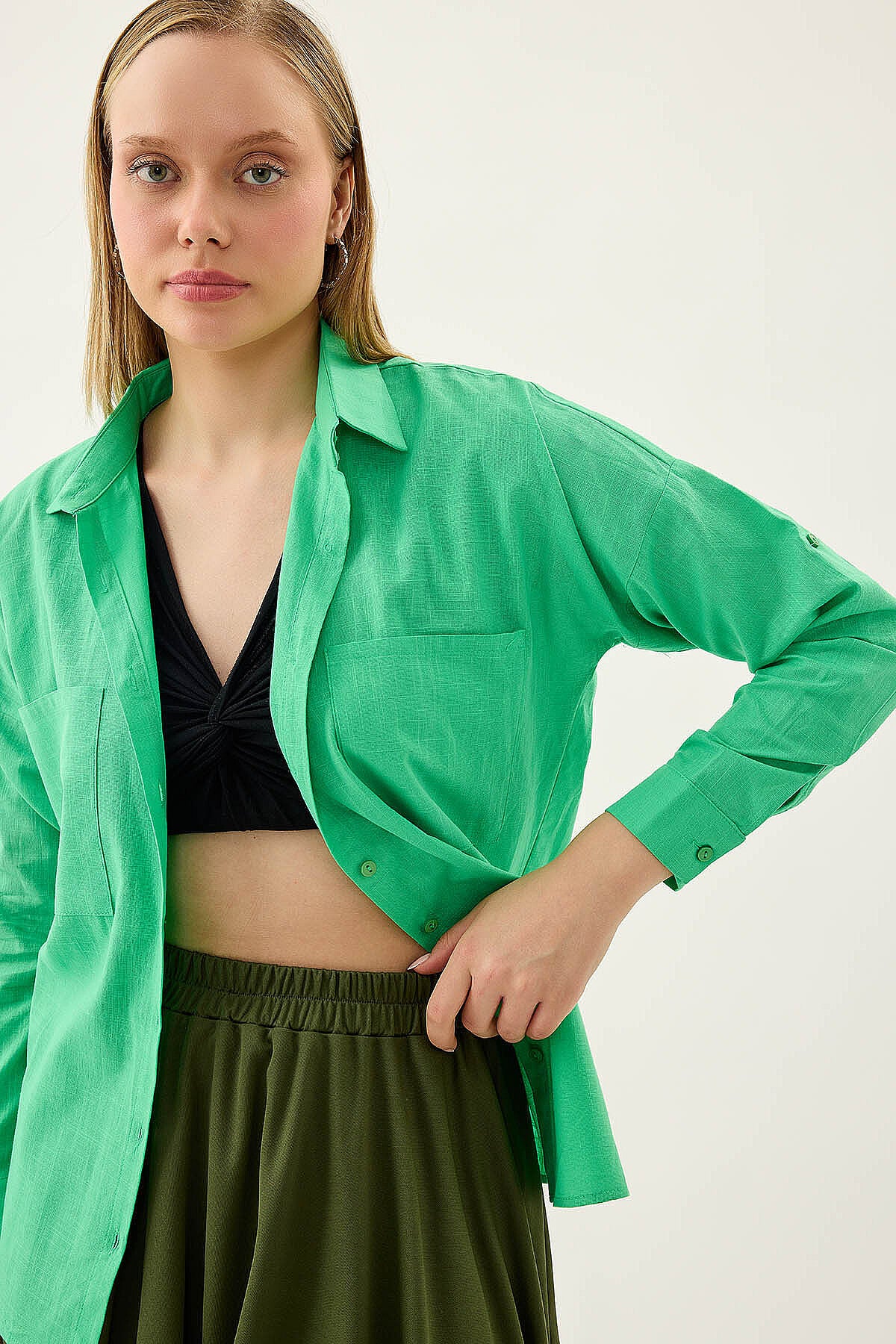 Basic Oversize Önden Cepli Gömlek