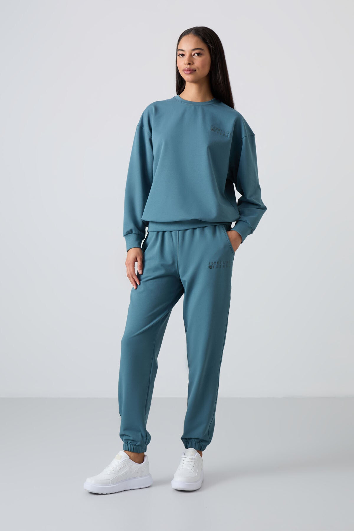 Orman Yeşili Basic Pamuklu O Yaka Oversize Lastik Paça Kadın Eşofman Takım - 95287