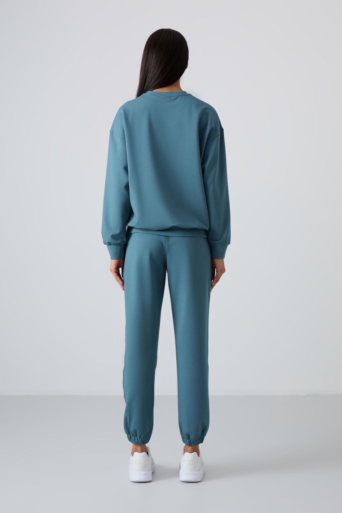 Orman Yeşili Basic Pamuklu O Yaka Oversize Lastik Paça Kadın Eşofman Takım - 95287