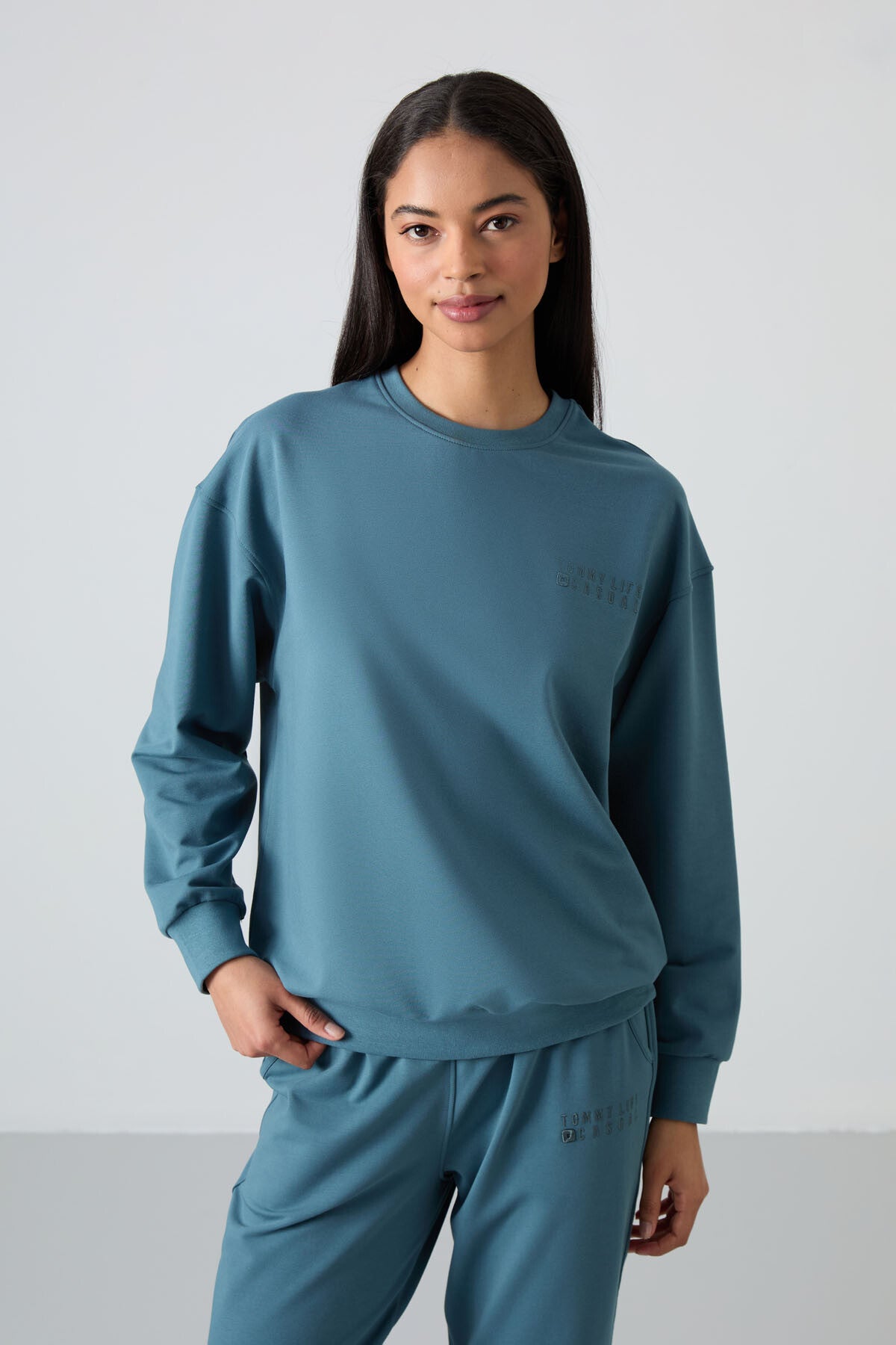 Orman Yeşili Basic Pamuklu O Yaka Oversize Lastik Paça Kadın Eşofman Takım - 95287