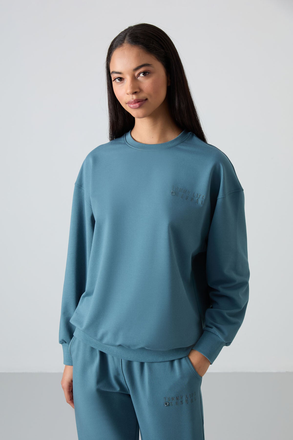 Orman Yeşili Basic Pamuklu O Yaka Oversize Lastik Paça Kadın Eşofman Takım - 95287