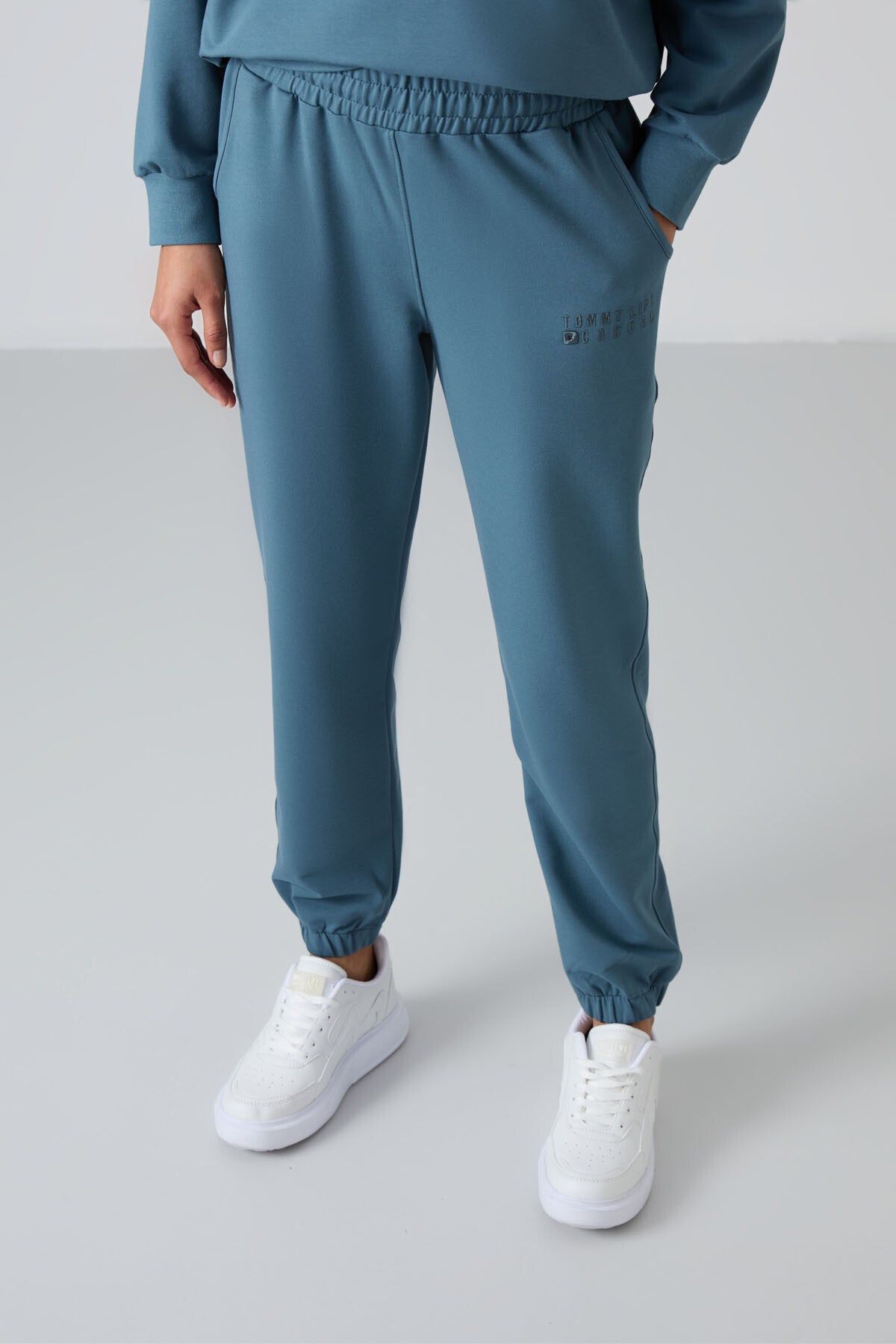 Orman Yeşili Basic Pamuklu O Yaka Oversize Lastik Paça Kadın Eşofman Takım - 95287