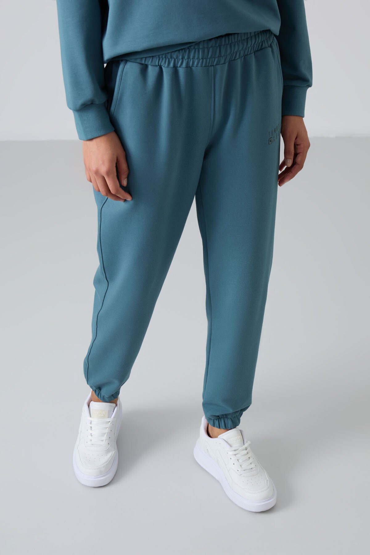 Orman Yeşili Basic Pamuklu O Yaka Oversize Lastik Paça Kadın Eşofman Takım - 95287