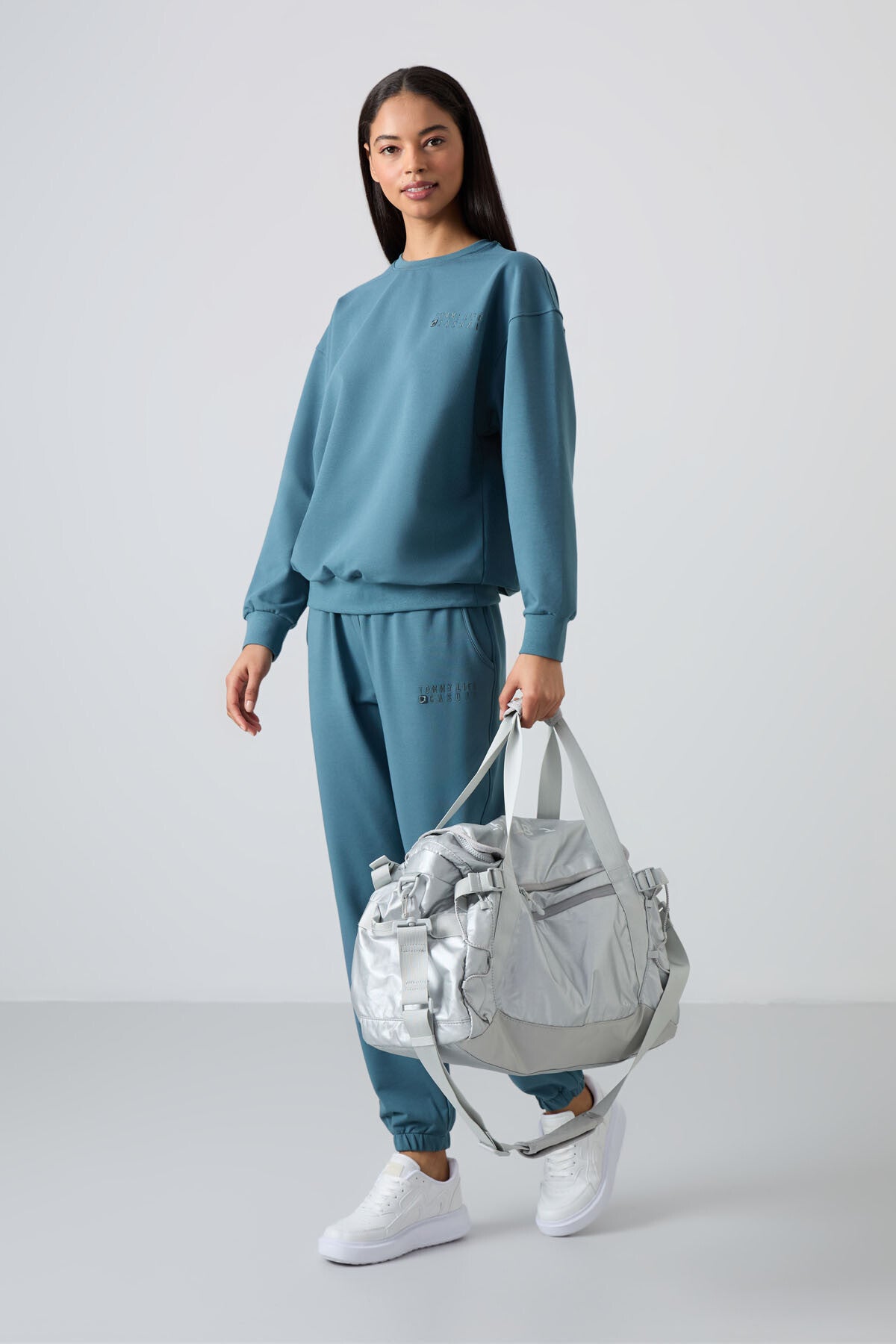 Orman Yeşili Basic Pamuklu O Yaka Oversize Lastik Paça Kadın Eşofman Takım - 95287