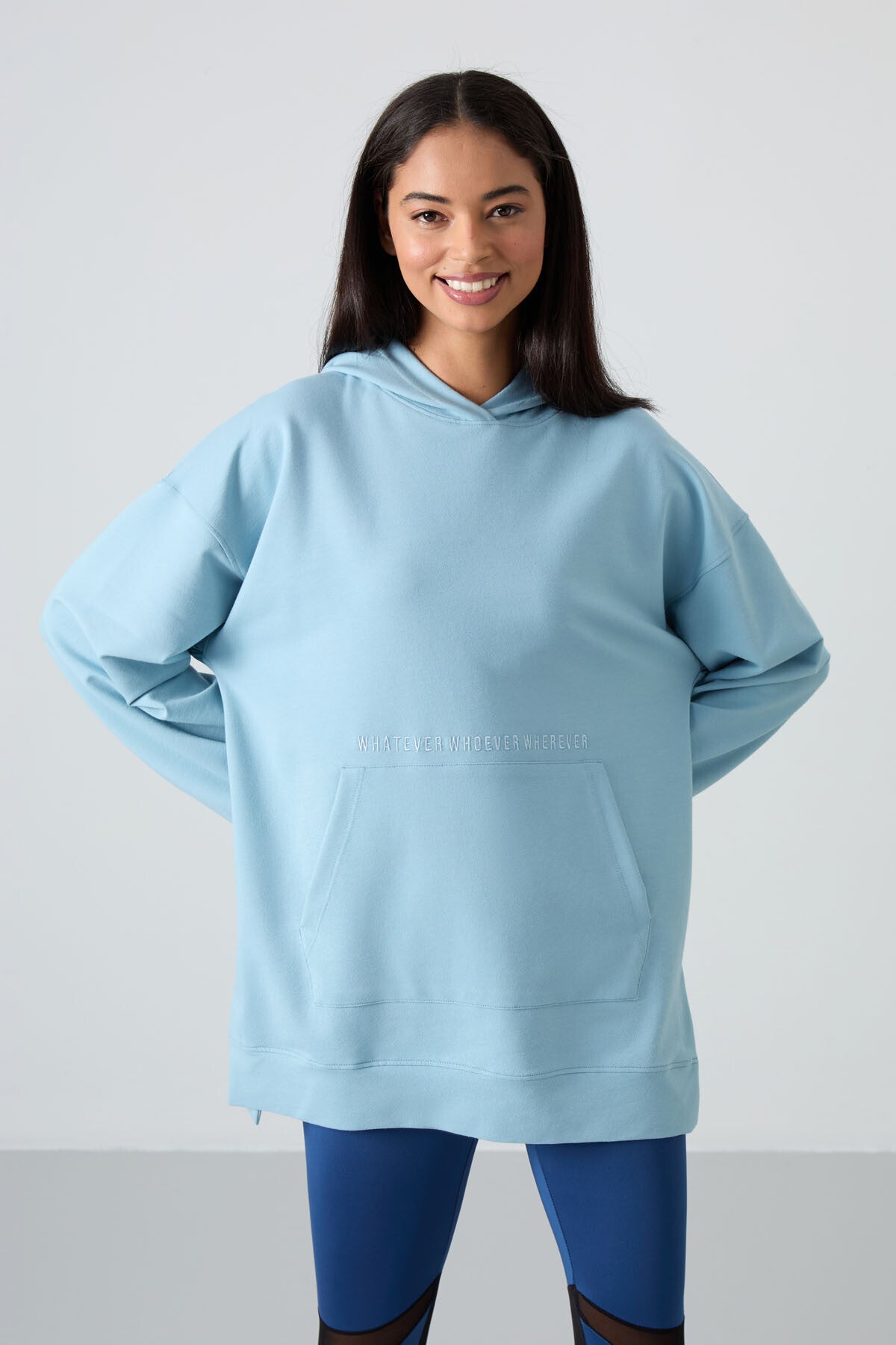 Açık Mavi Balon Kol Yazı Nakışlı Kadın Oversize Tunik Sweatshirt - 97163