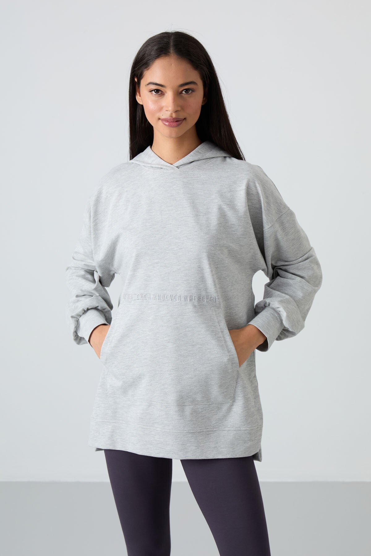 Gri Melanj Balon Kol Yazı Nakışlı Kadın Oversize Tunik Sweatshirt - 97163