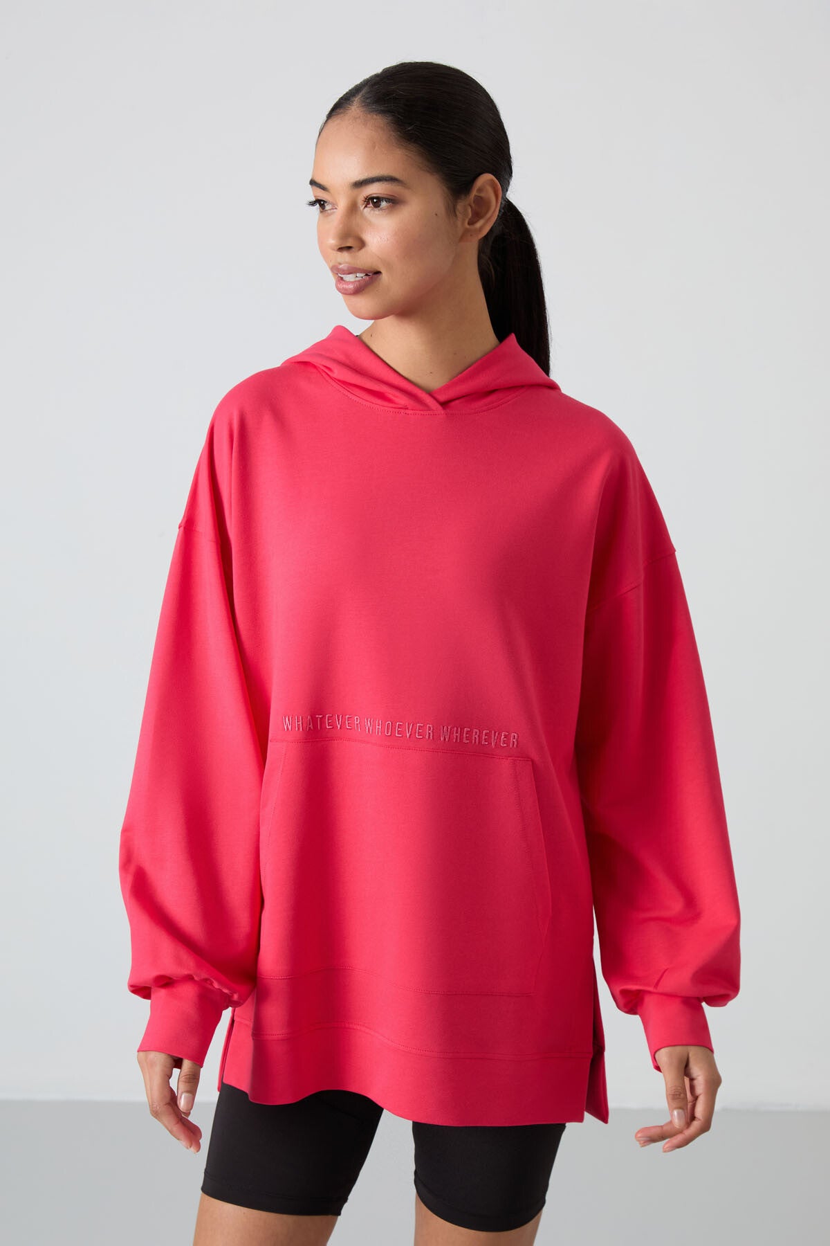 Viva Kırmızı Balon Kol Yazı Nakışlı Kadın Oversize Tunik Sweatshirt - 97163