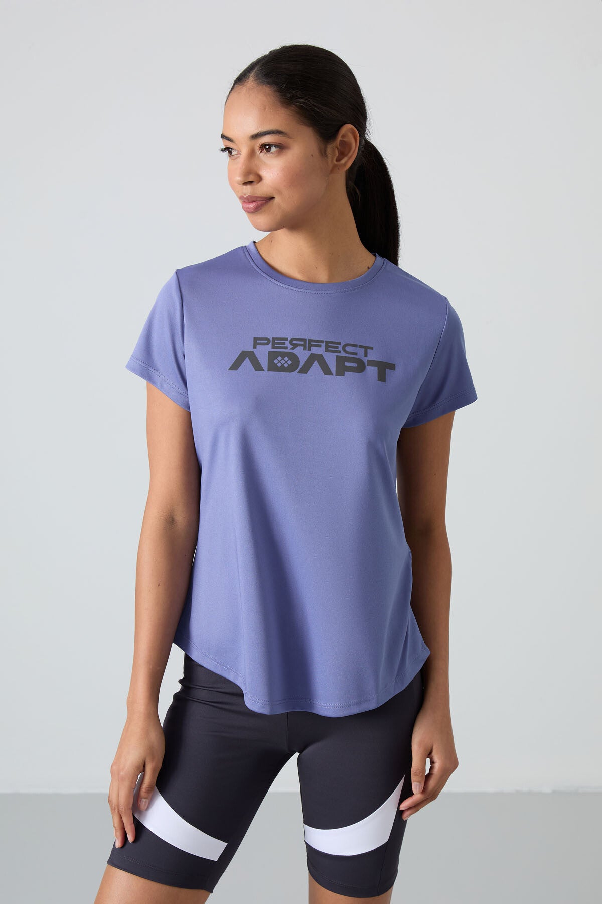 Eflatun Nefes Alan Dokulu İnce Esnek Standart Fit Performans Kadın T-Shirt - 97283