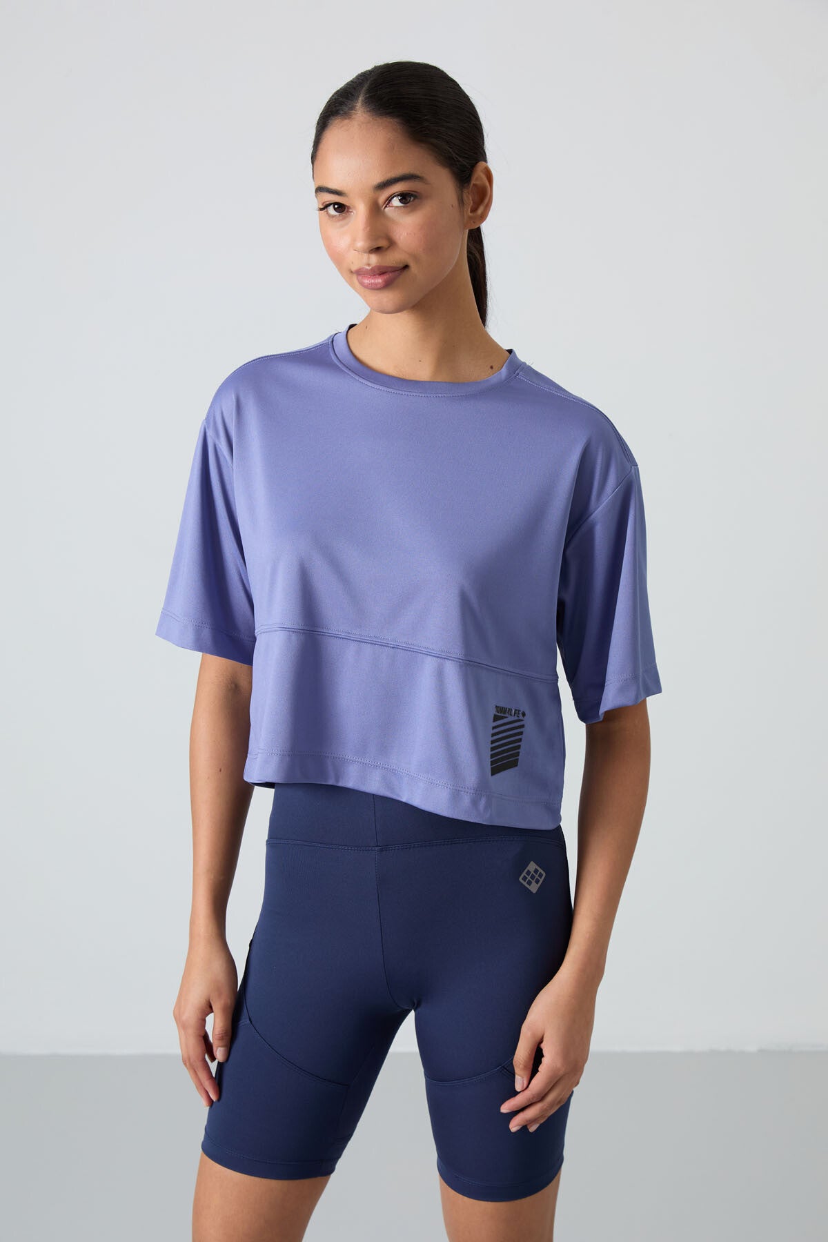 Eflatun Nefes Alan Dokulu İnce Esnek Oversize Fit Performans Kadın T-Shirt - 97284