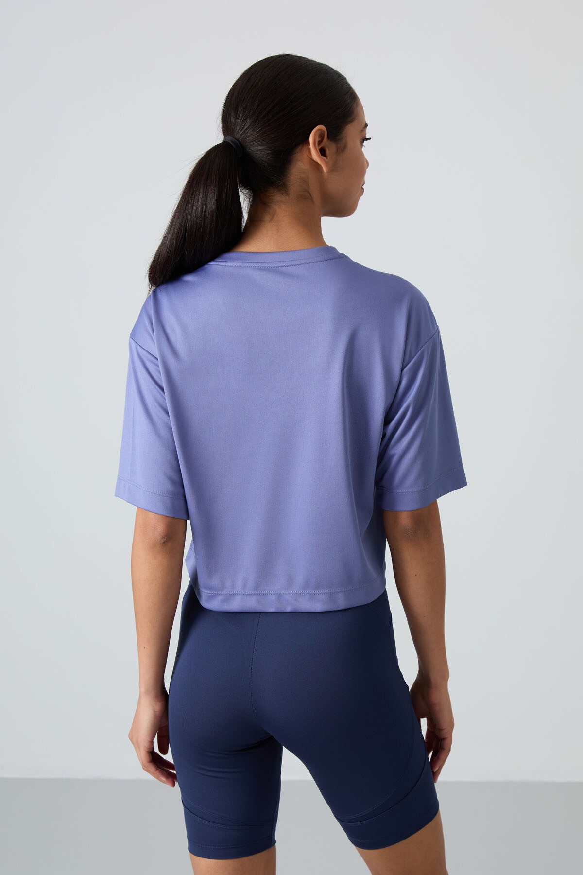 Eflatun Nefes Alan Dokulu İnce Esnek Oversize Fit Performans Kadın T-Shirt - 97284