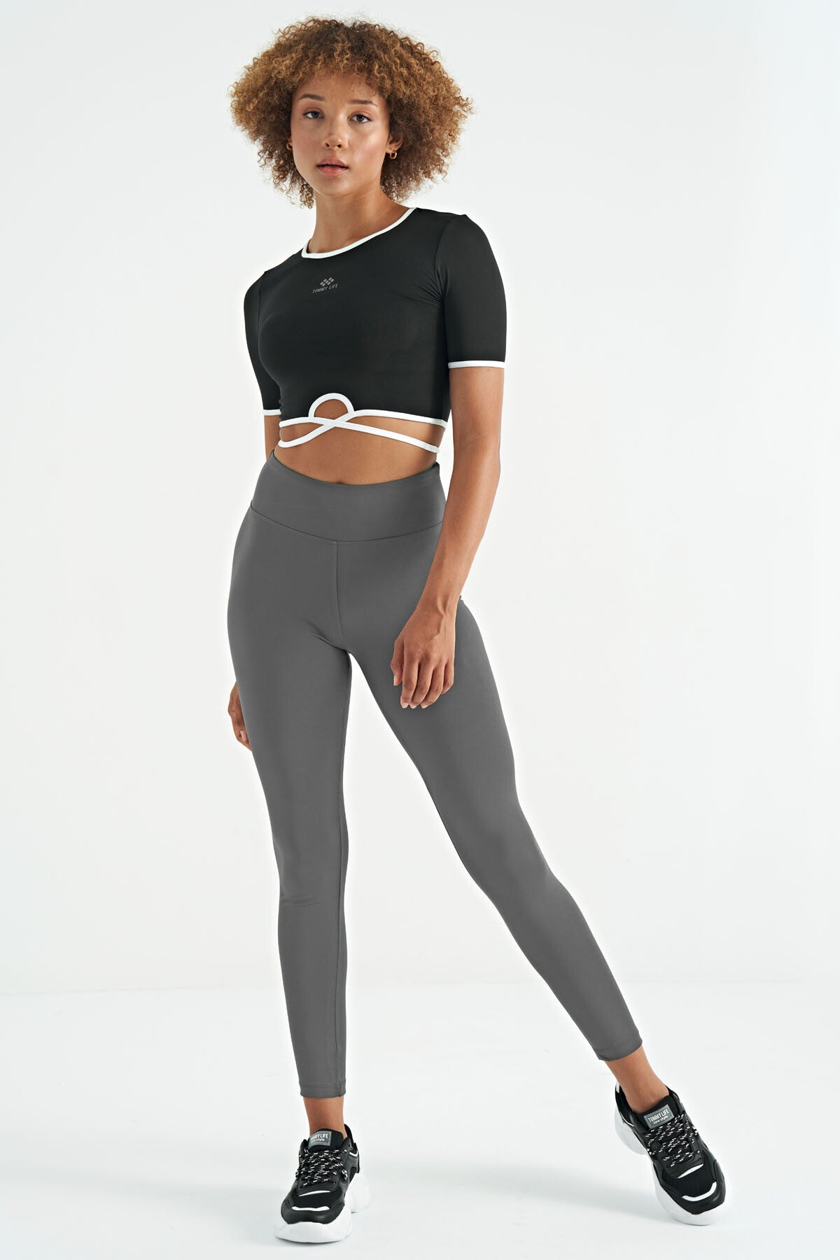 Koyu Gri Logo Baskı Detaylı Yüksek Bel Dalgıç Kumaş Slim Fit Kadın Tayt - 94627