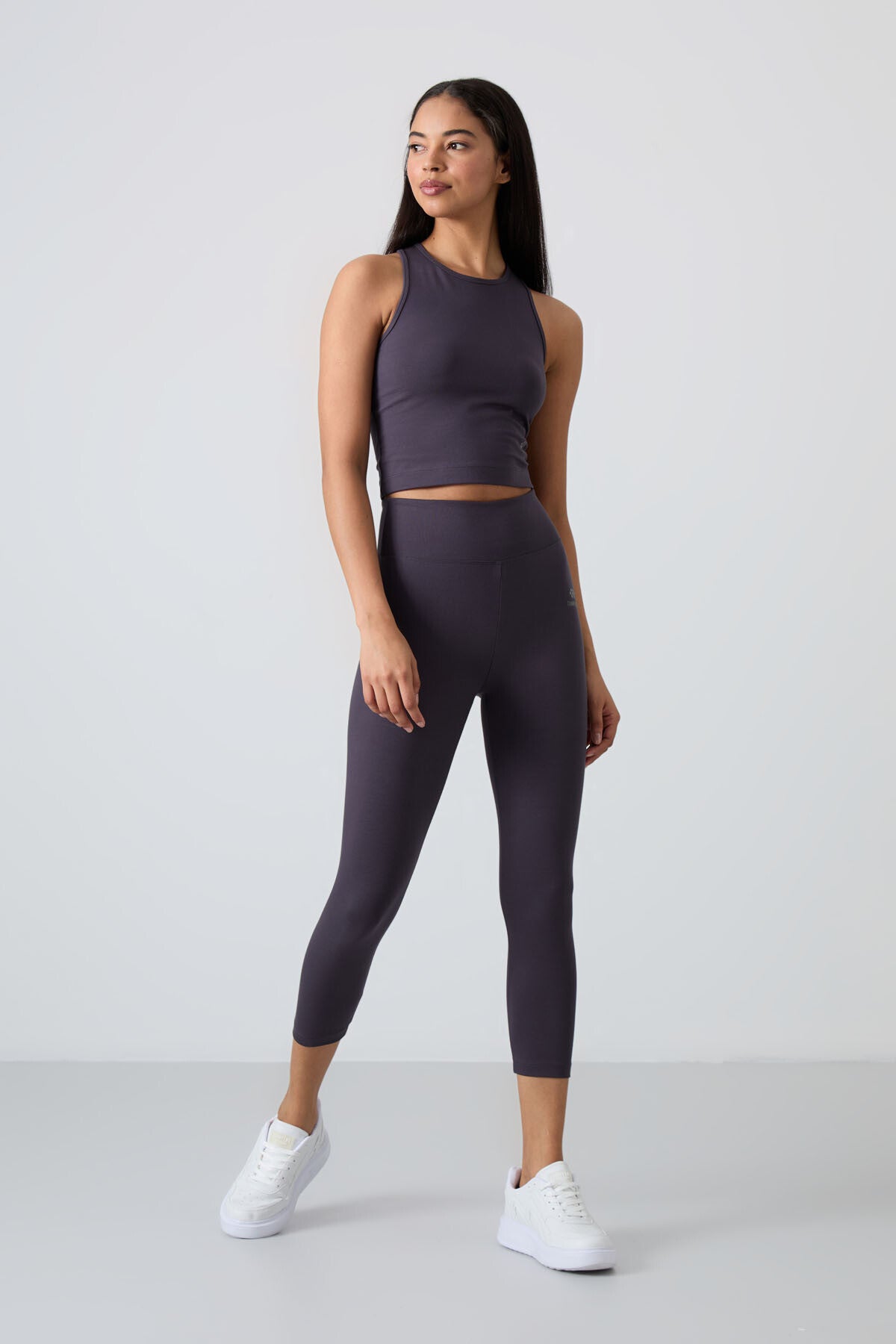 Antrasit Yüksek Bel Kapri-Crop Atlet Slim Fit Kadın Tayt Takım - 95284