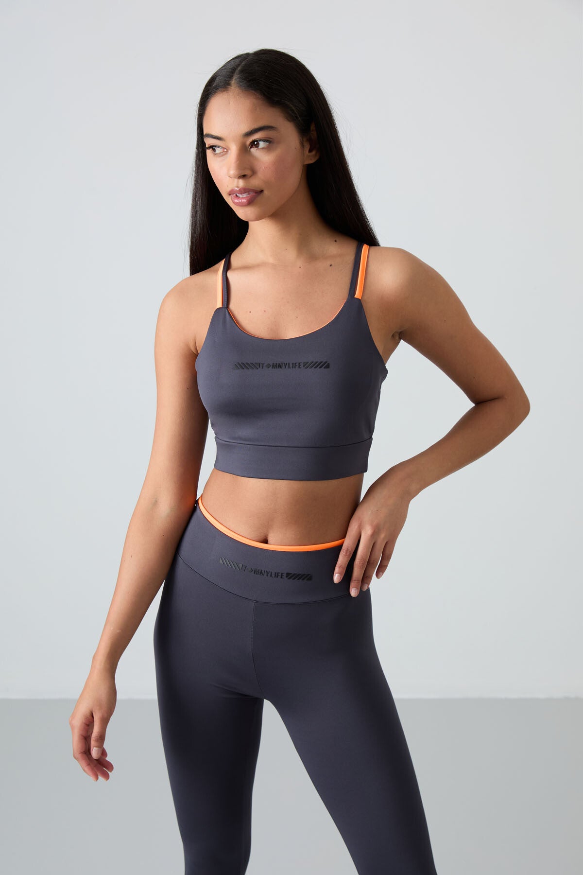 Antrasit Esnek Standart Fit Performans Kadın Tayt Takım - 95333