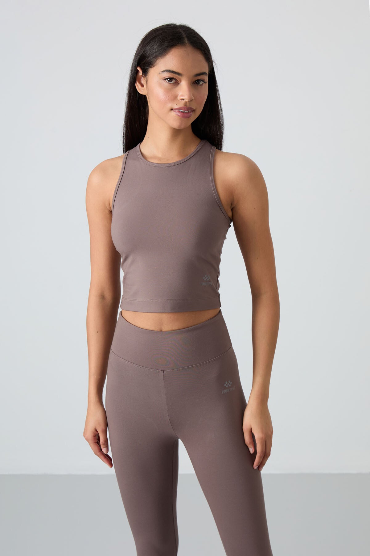 Kahverengi Yüksek Bel Kapri-Crop Atlet Slim Fit Kadın Tayt Takım - 95284