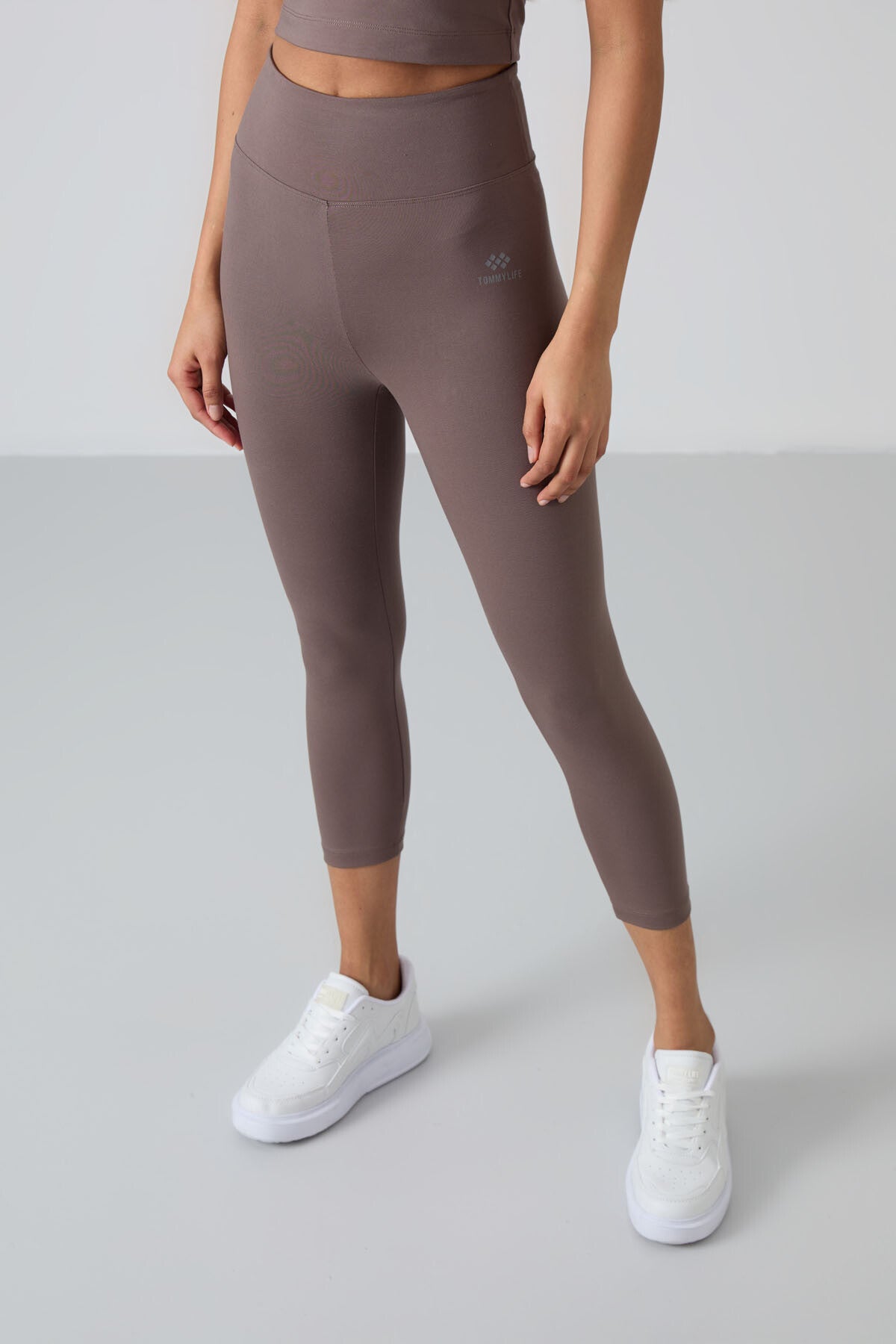 Kahverengi Yüksek Bel Kapri-Crop Atlet Slim Fit Kadın Tayt Takım - 95284