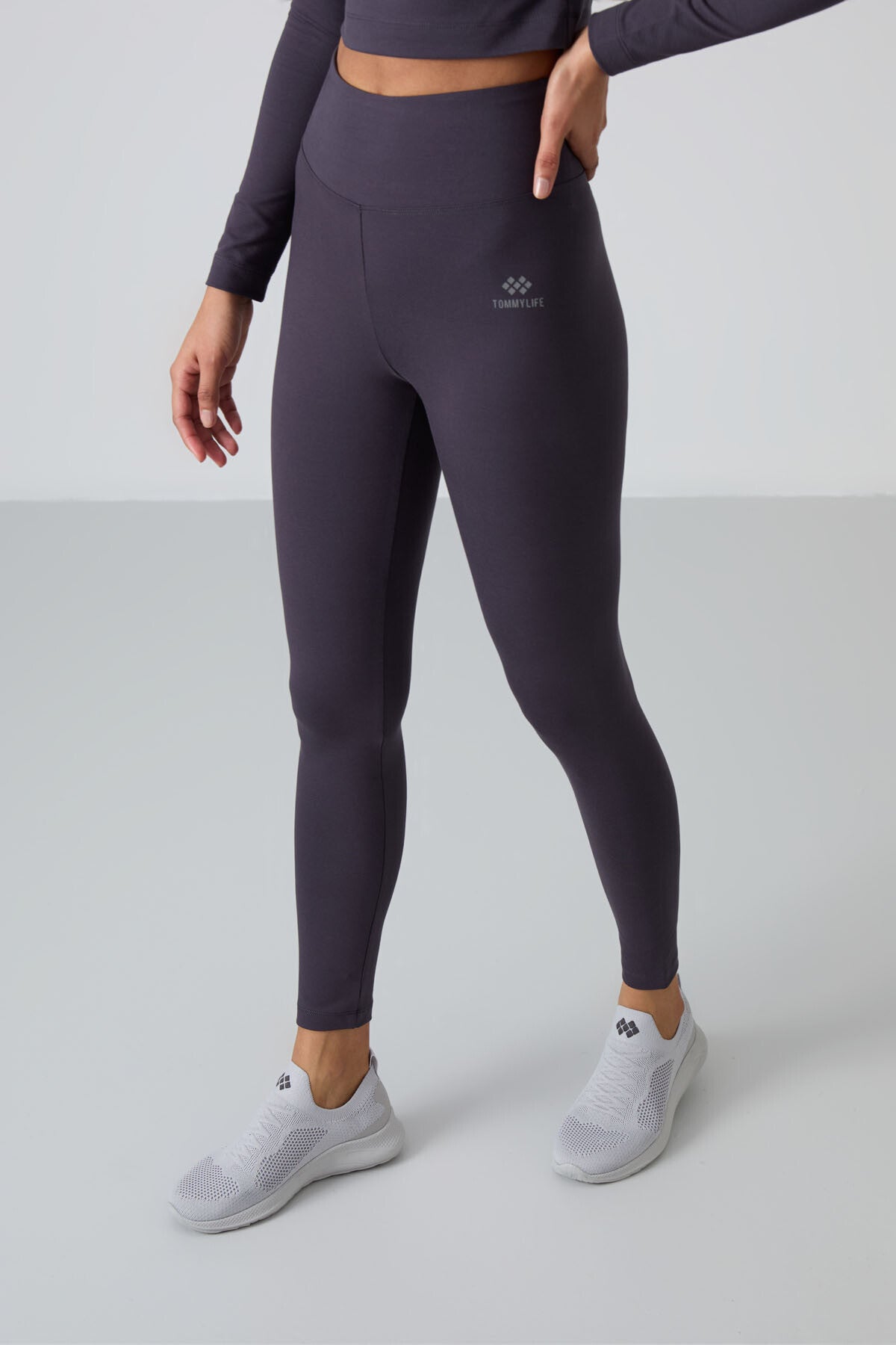 Antrasit Yüksek Bel Uzun Kollu Slim Fit Crop Top Kadın Tayt Takım - 95286