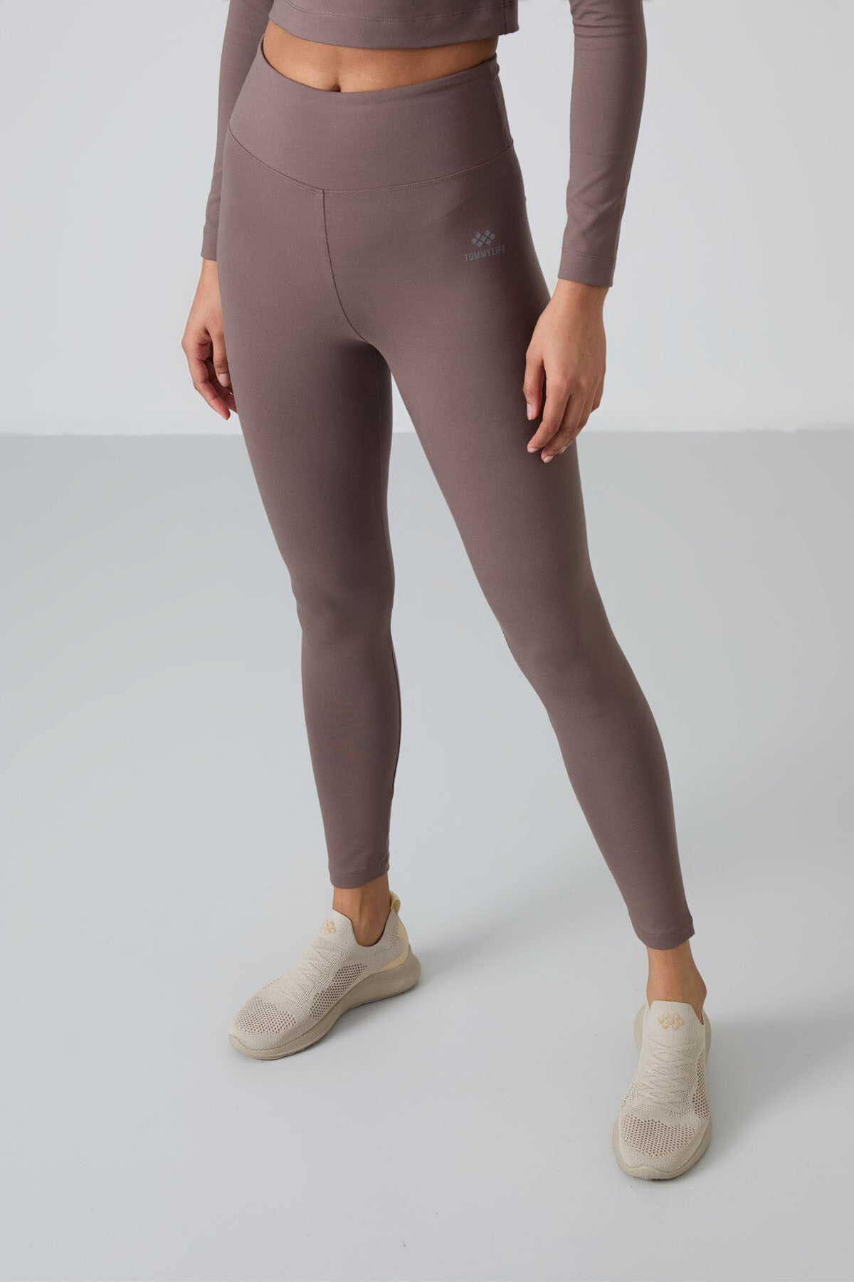 Kahvrengi Yüksek Bel Uzun Kollu Slim Fit Crop Top Kadın Tayt Takım - 95286