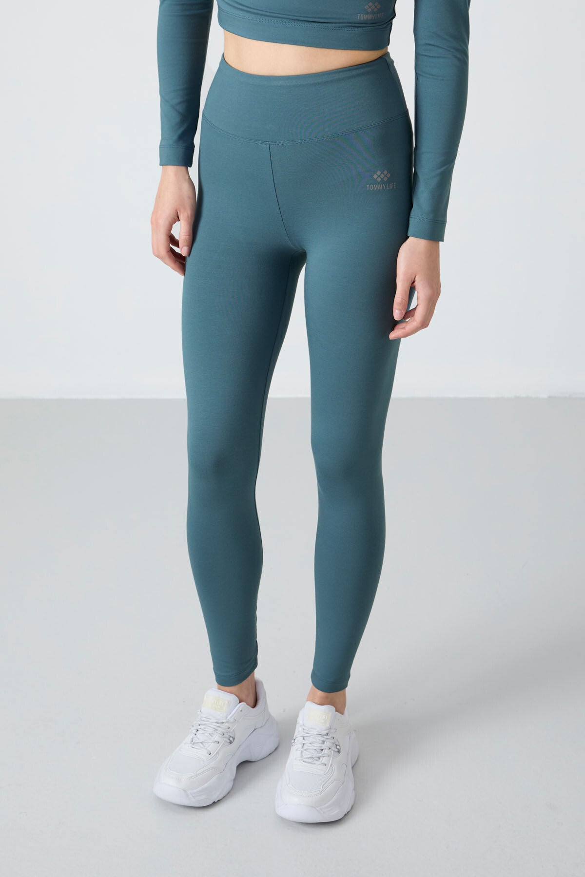 Orman Yeşili Yüksek Bel Uzun Kollu Slim Fit Crop Top Kadın Tayt Takım - 95286