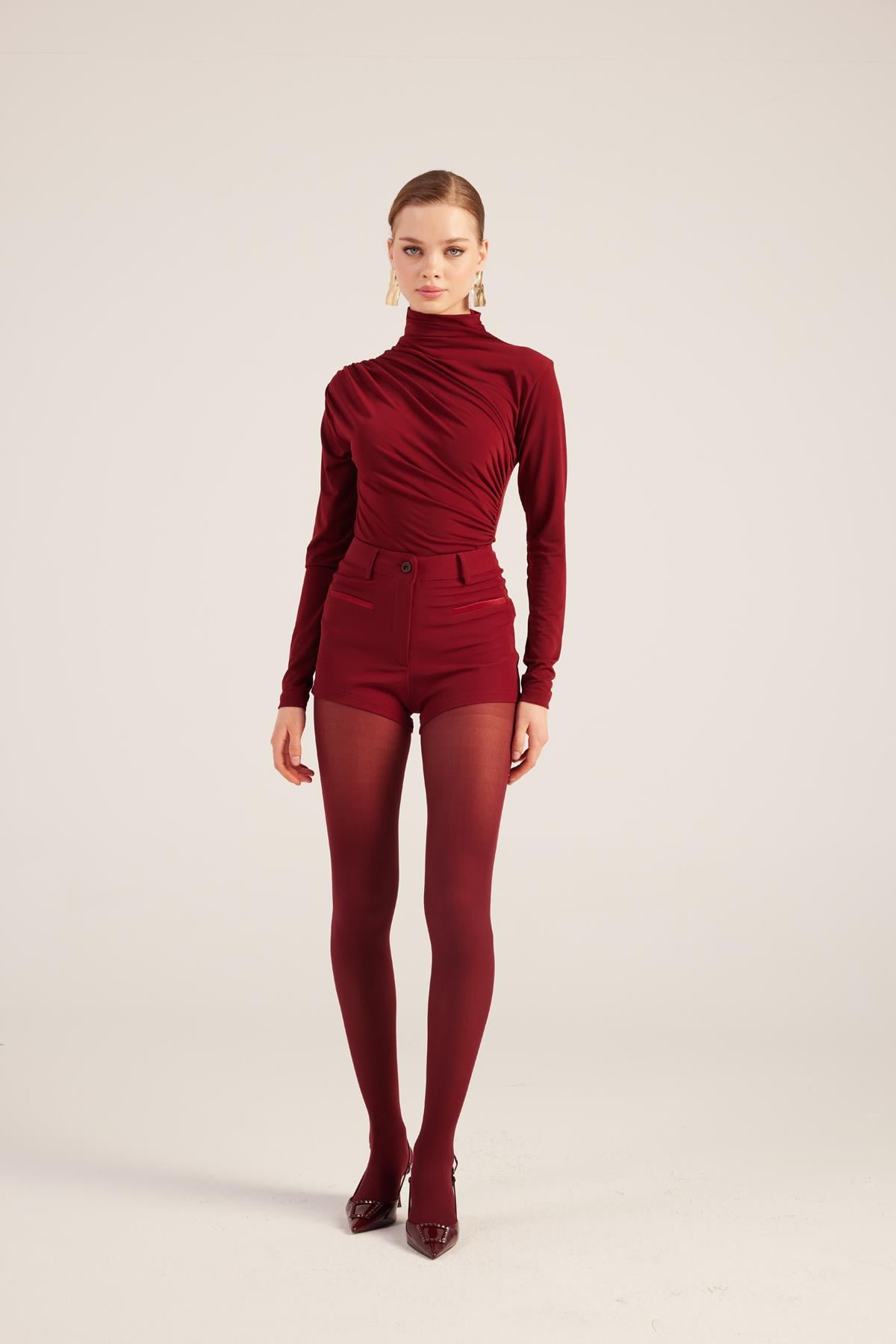 Yüksek Bel Fermuarlı Mini Bailey Şort Bordo