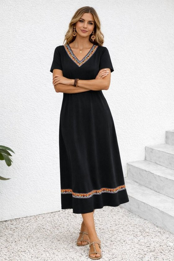 Women's Short Sleeve V-Neck Ethnic Stripe Detailed Long Viscose Dress