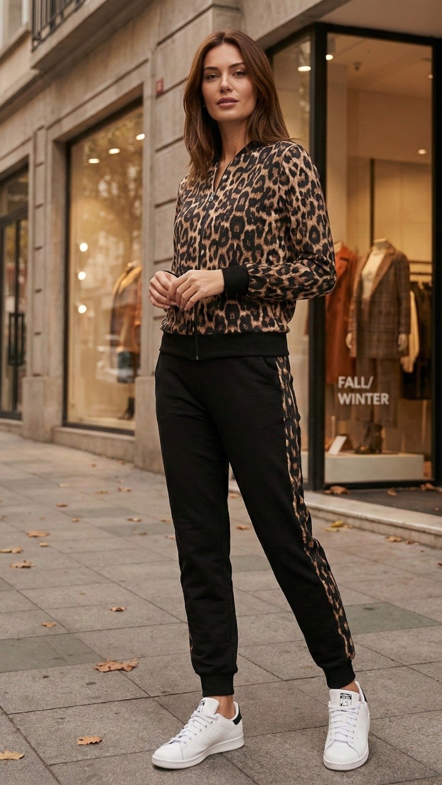 Kadın Uzun Kollu önden Fermuarlı Leopar Desen Detaylı Viskon Iki Iplik Kumaş Ikili Takım