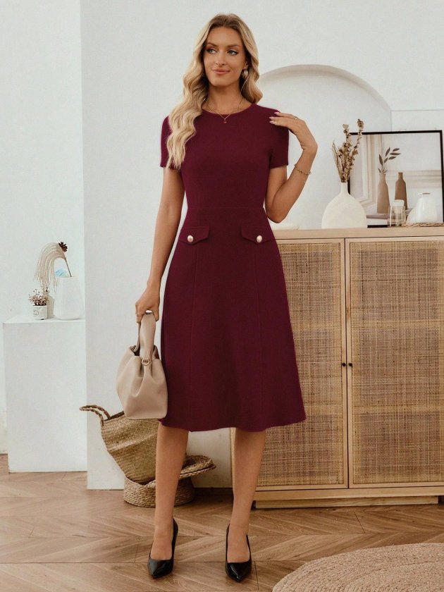 Women's Short Sleeve Crew Neck Pocket Detail Midi Imported Crepe Dress