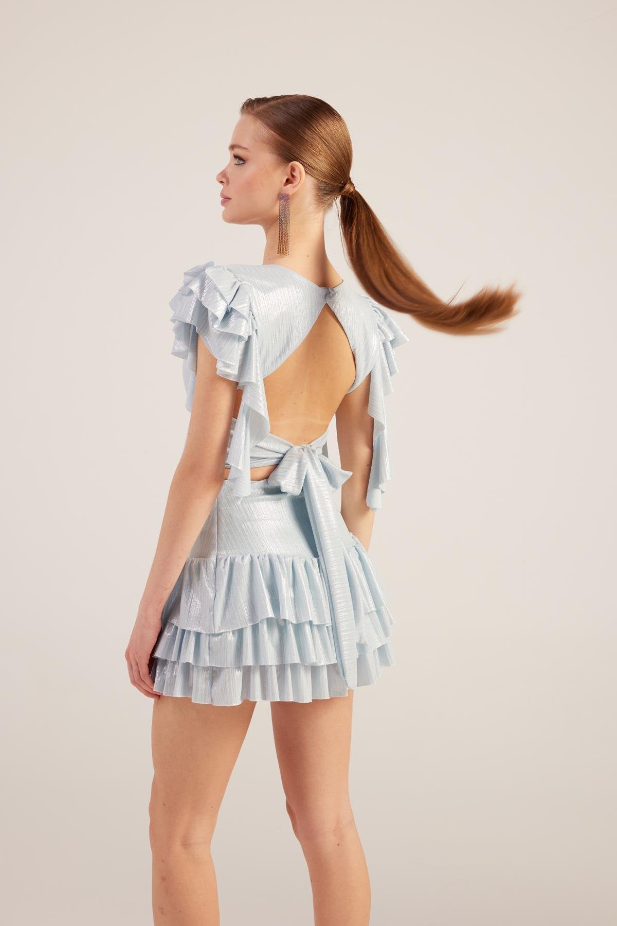 Fırfır Detaylı Etek Bluz Nana Takım Mavi