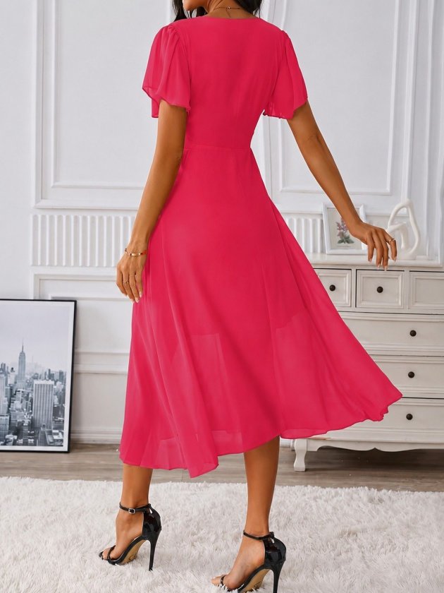 Women's Short Sleeve V-Neck Midi Lined Chiffon Dress