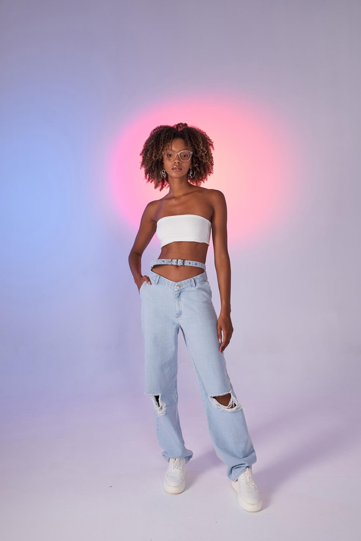 Yüksek Bel Yırtık ve Kemer Detaylı Viento Jean Pantolon Mavi Mavi L / 30