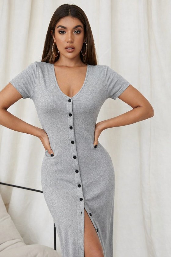 Women's Short Sleeve V Neck Front Button Detail Long Ribbed Dress