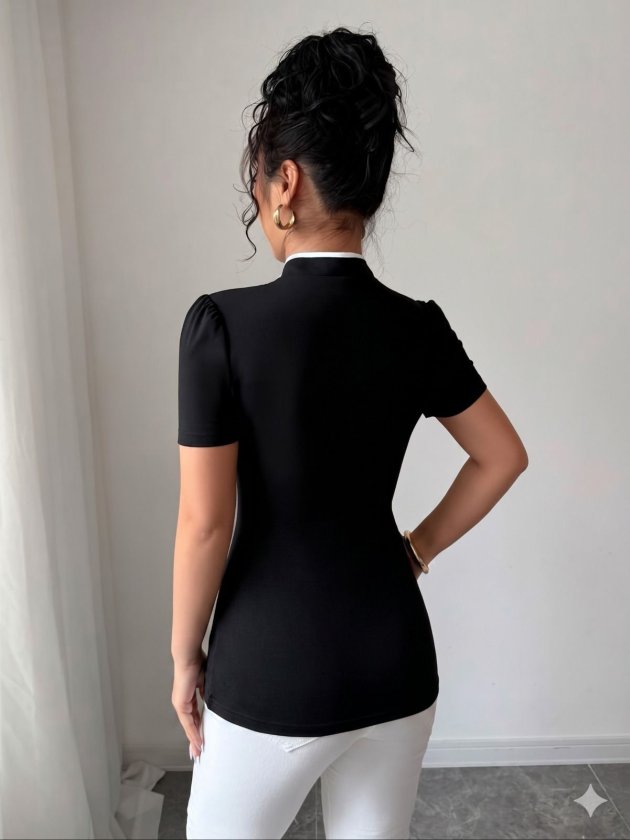 Women's White Stripe Detailed Slim Fit Stand Collar Blouse