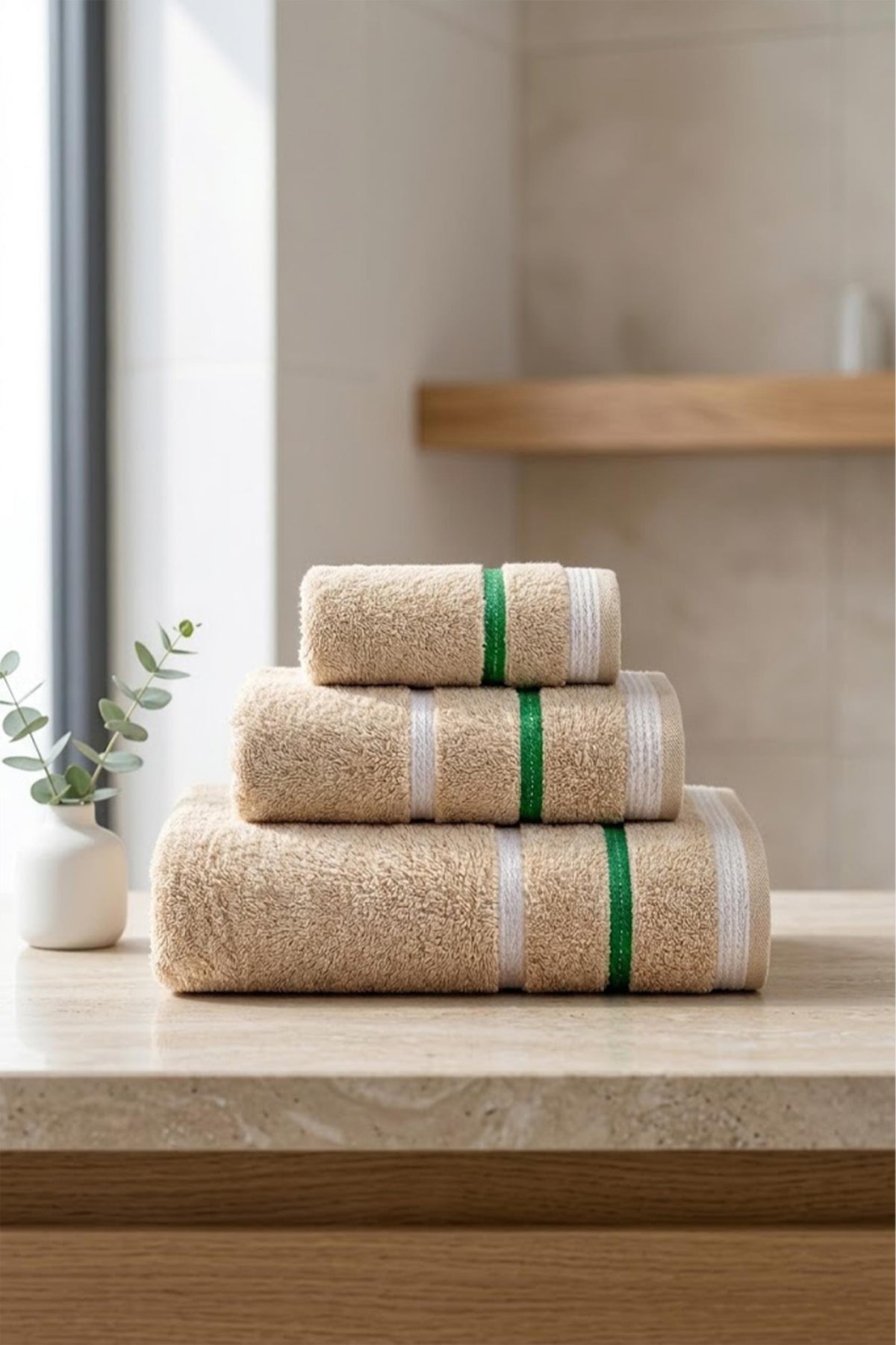 Be-0927St-Bg %100 Pamuk Bej 3 Lü Set, 30X50 Cm, 50X90 Cm, 90X150 Cm Havlu Seti