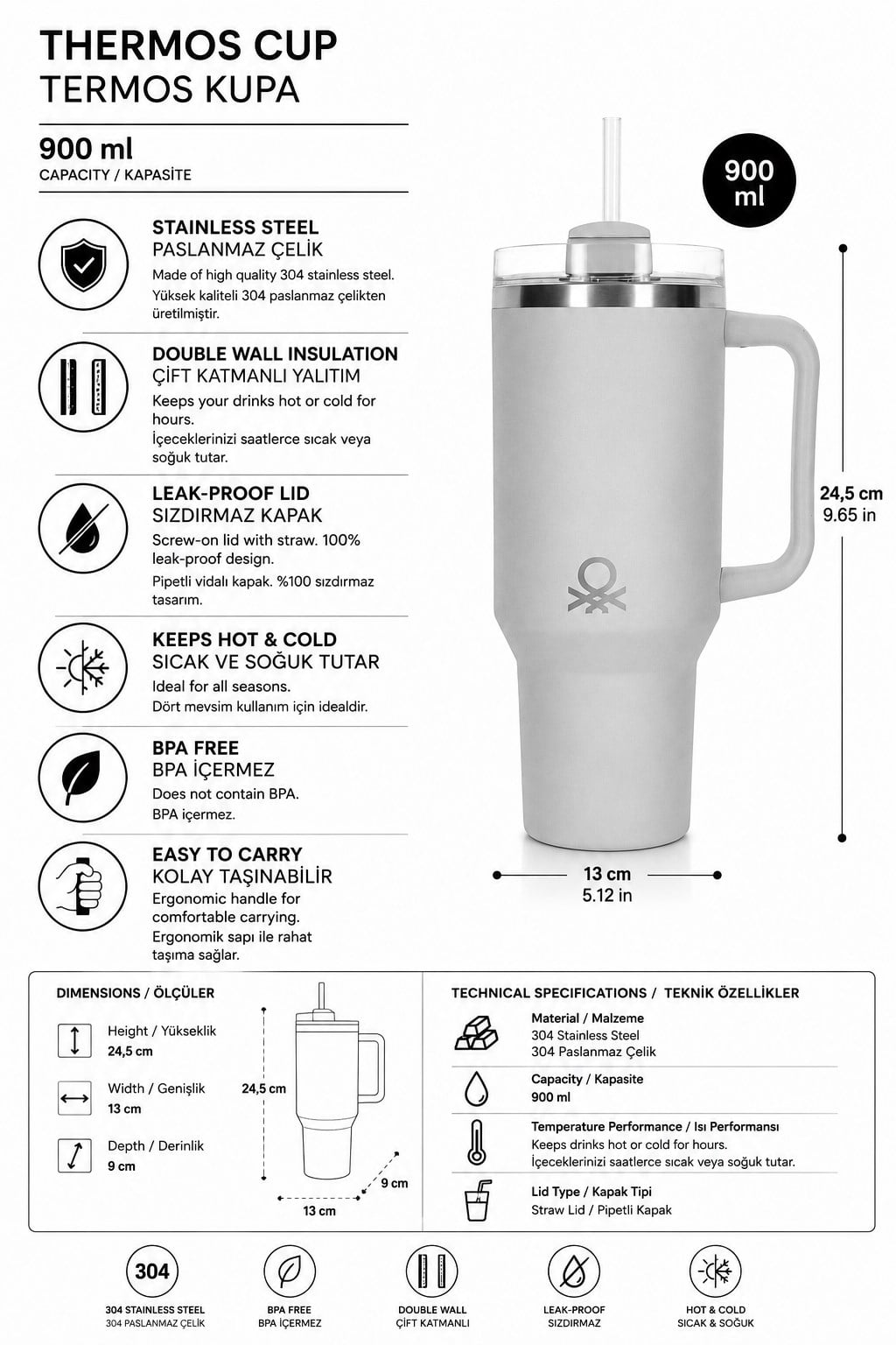 BE-KCT100-TZ Çelik Termos 900 Ml. Mavi Zemin Mavi Kulp