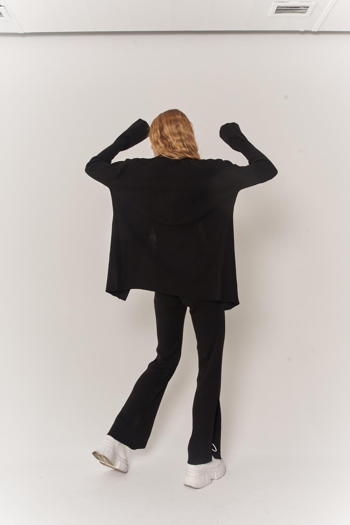 Kadın Siyah Düğmeli Oversize Salaş Triko Hırka Pantolon Yordle Takım