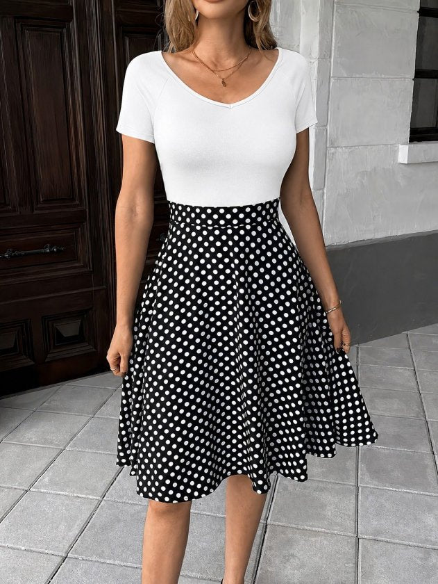 Women's Short Sleeve V-Neck Top Viscose Bottom Polka Dot Short Knit Crepe Dress