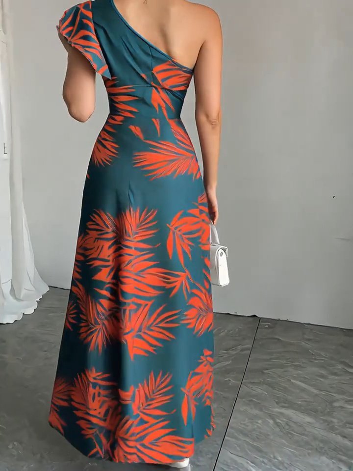 Women's One-Shoulder Open Slit Long Patterned Dress