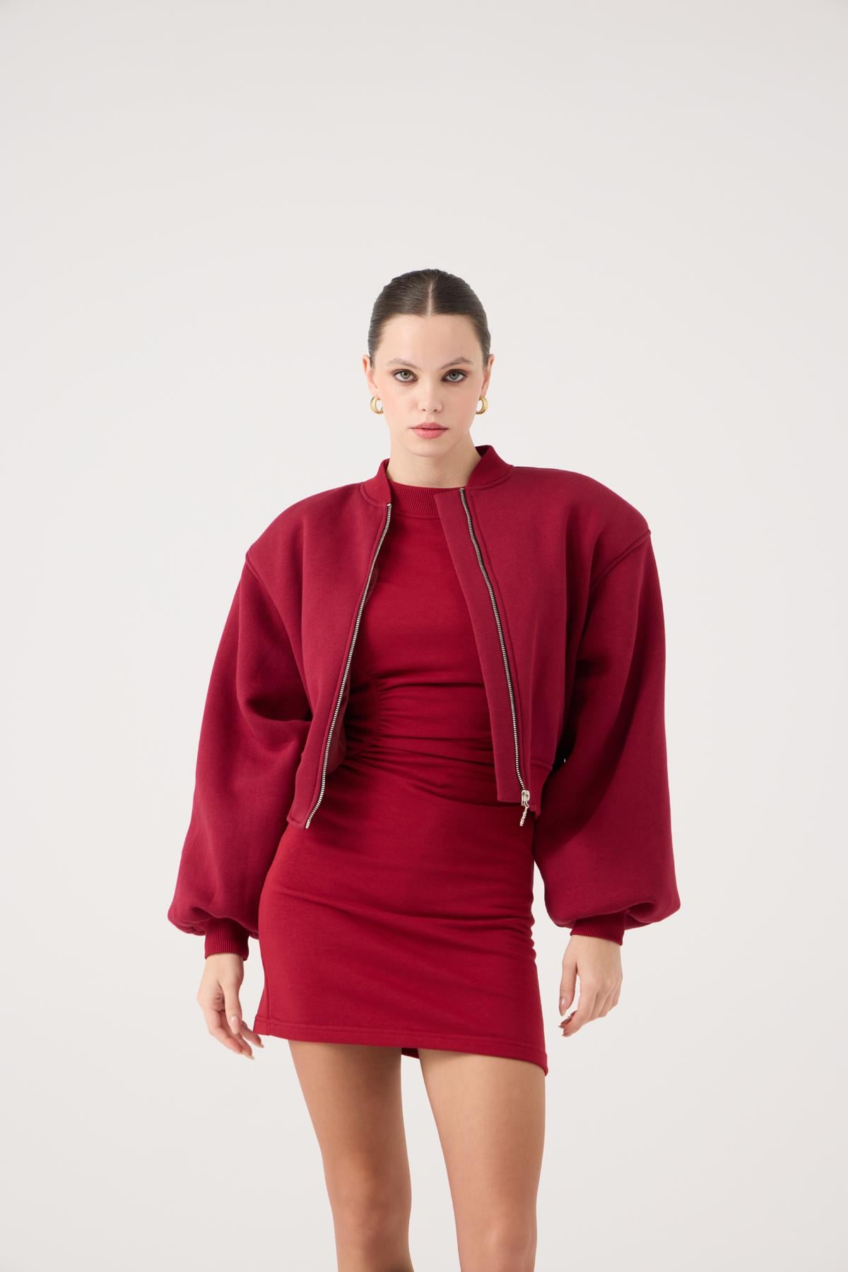 Crop Kesim Vatkalı Parker Bomber Ceket Bordo