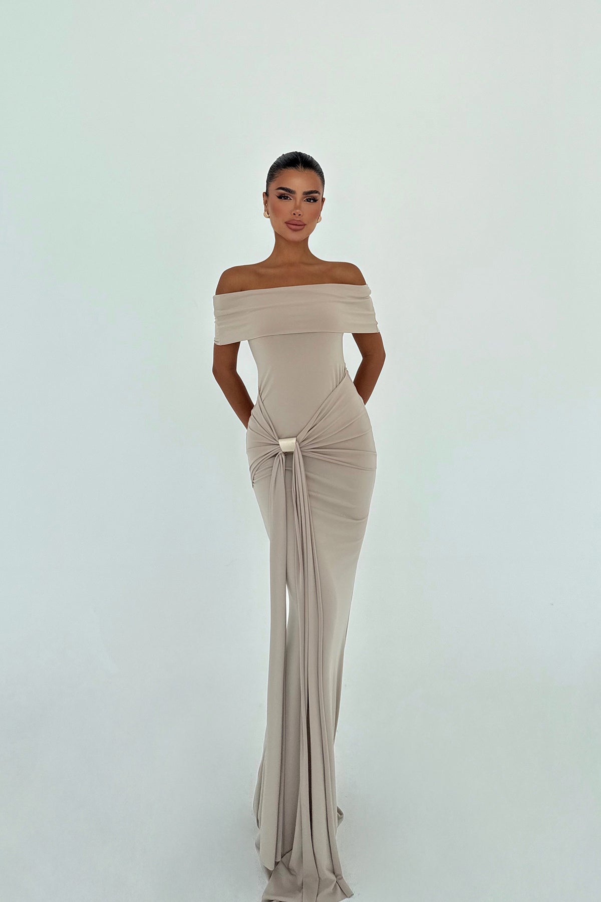 Bej Allayia Uzun Elbise ATE-3083