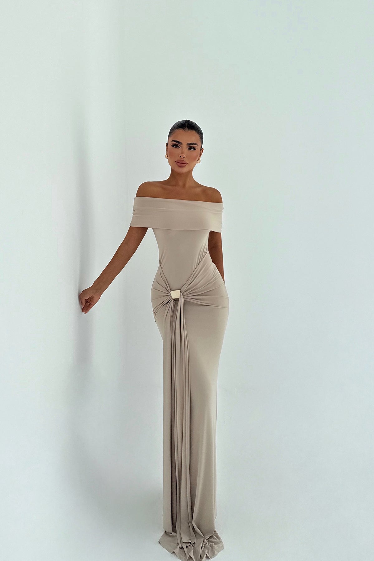 Bej Allayia Uzun Elbise ATE-3083