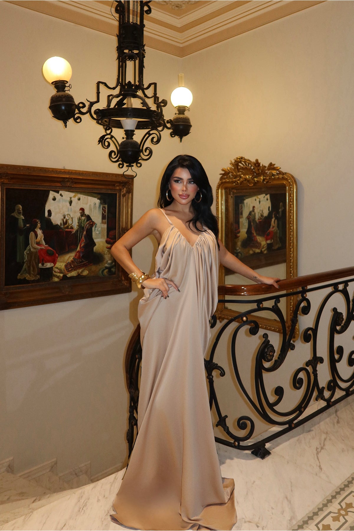 Bej Tulula Uzun Saten Elbise ATE-3680