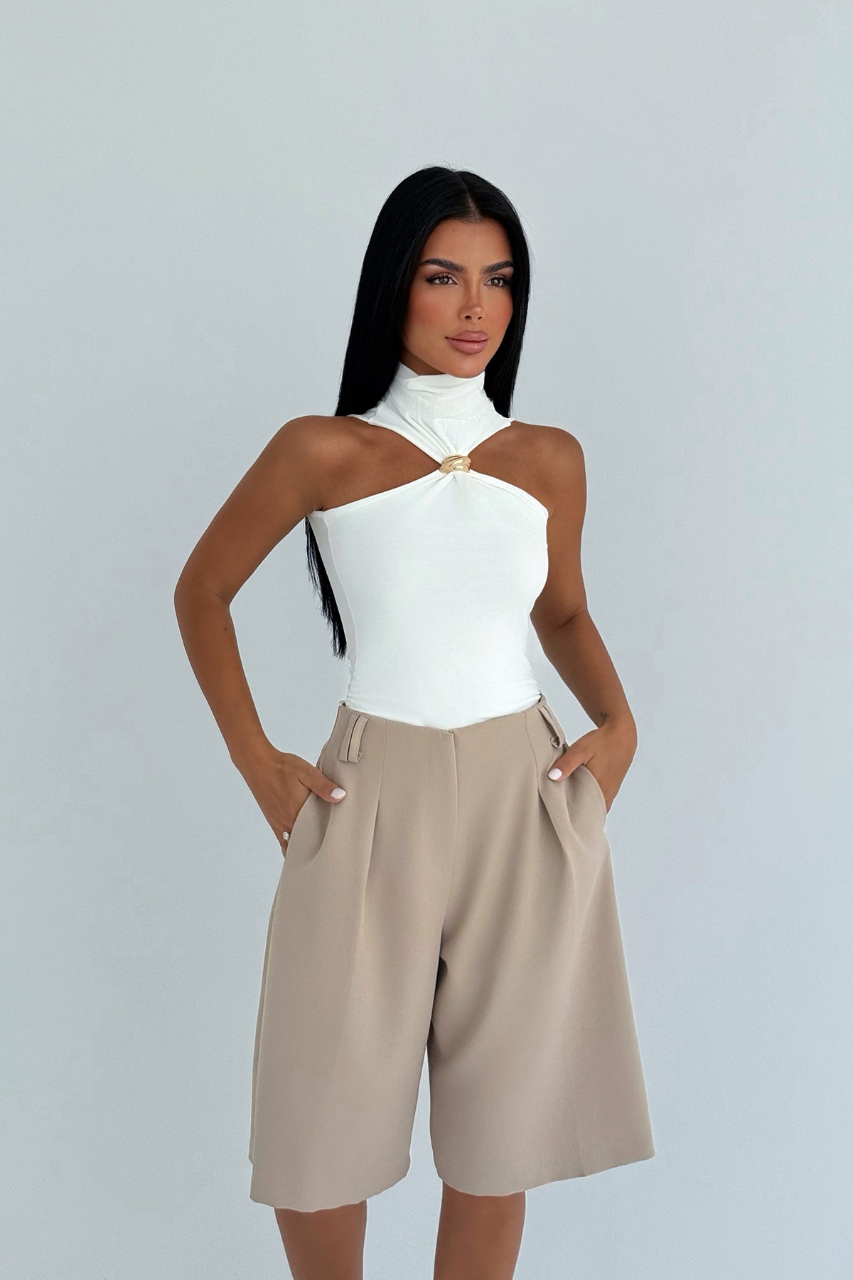 Bej Fluid Bermuda Şort ATE-2749