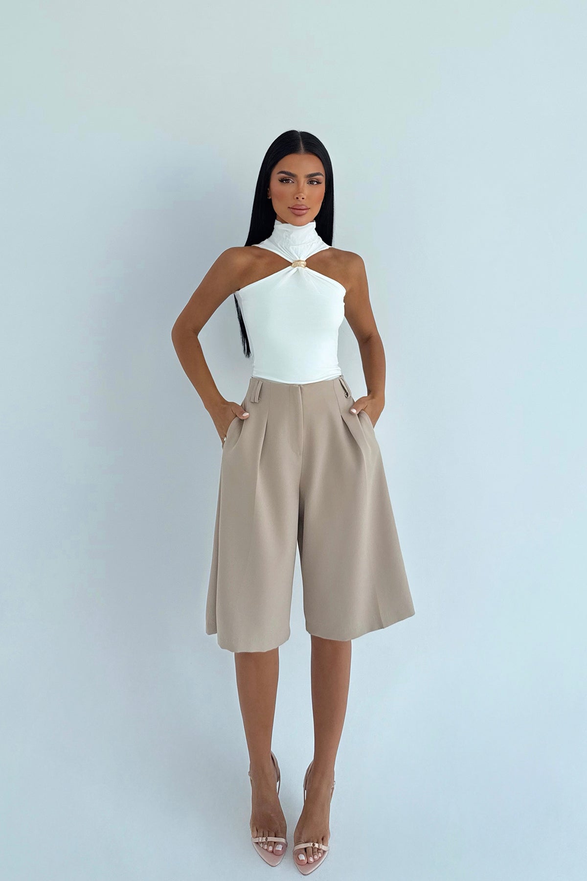 Bej Fluid Bermuda Şort ATE-2749