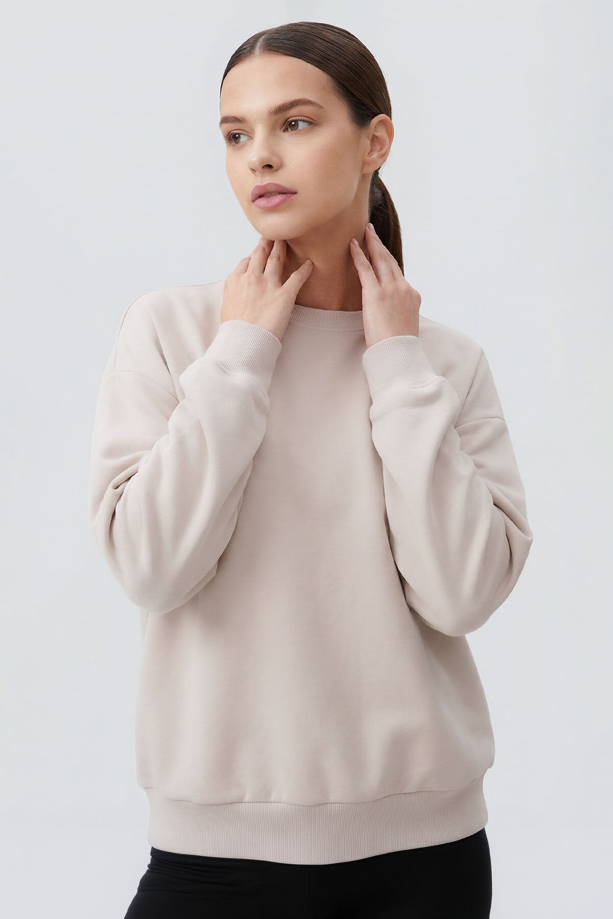 Bej Basic O Yaka Oversize Kadın Sweatshirt - 97053