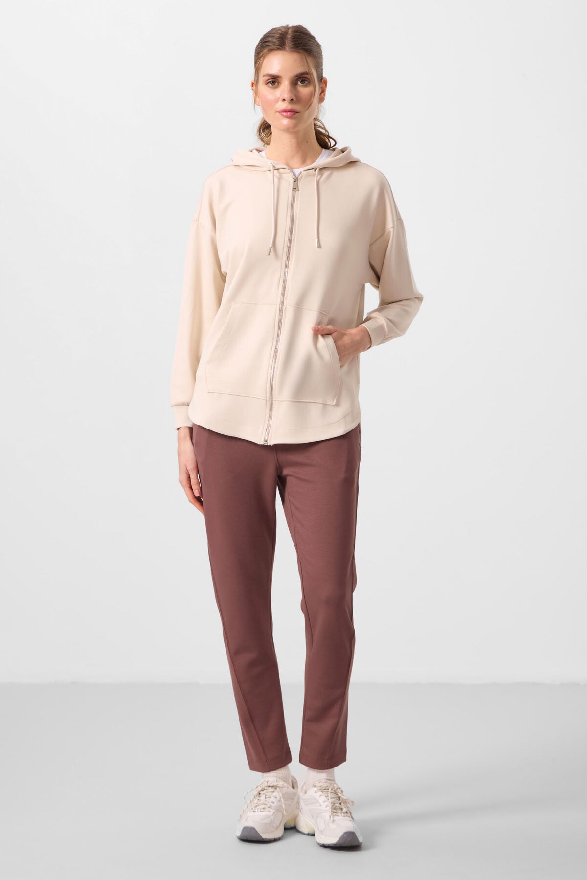 Bej Yumuşak Dokulu Kapüşonlu Oversize Kadın Tunik Sweatshirt - 97302