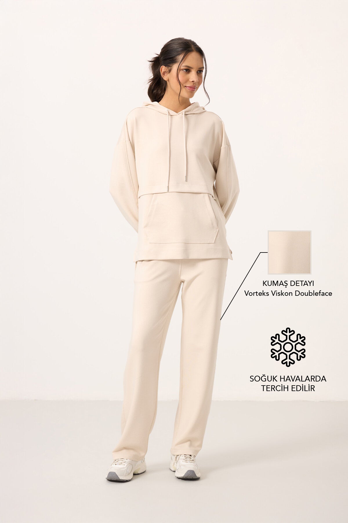 Bej Yumuşak Dokulu Kapüşonlu Oversize Kadın Eşofman Tunik Takım - 95348