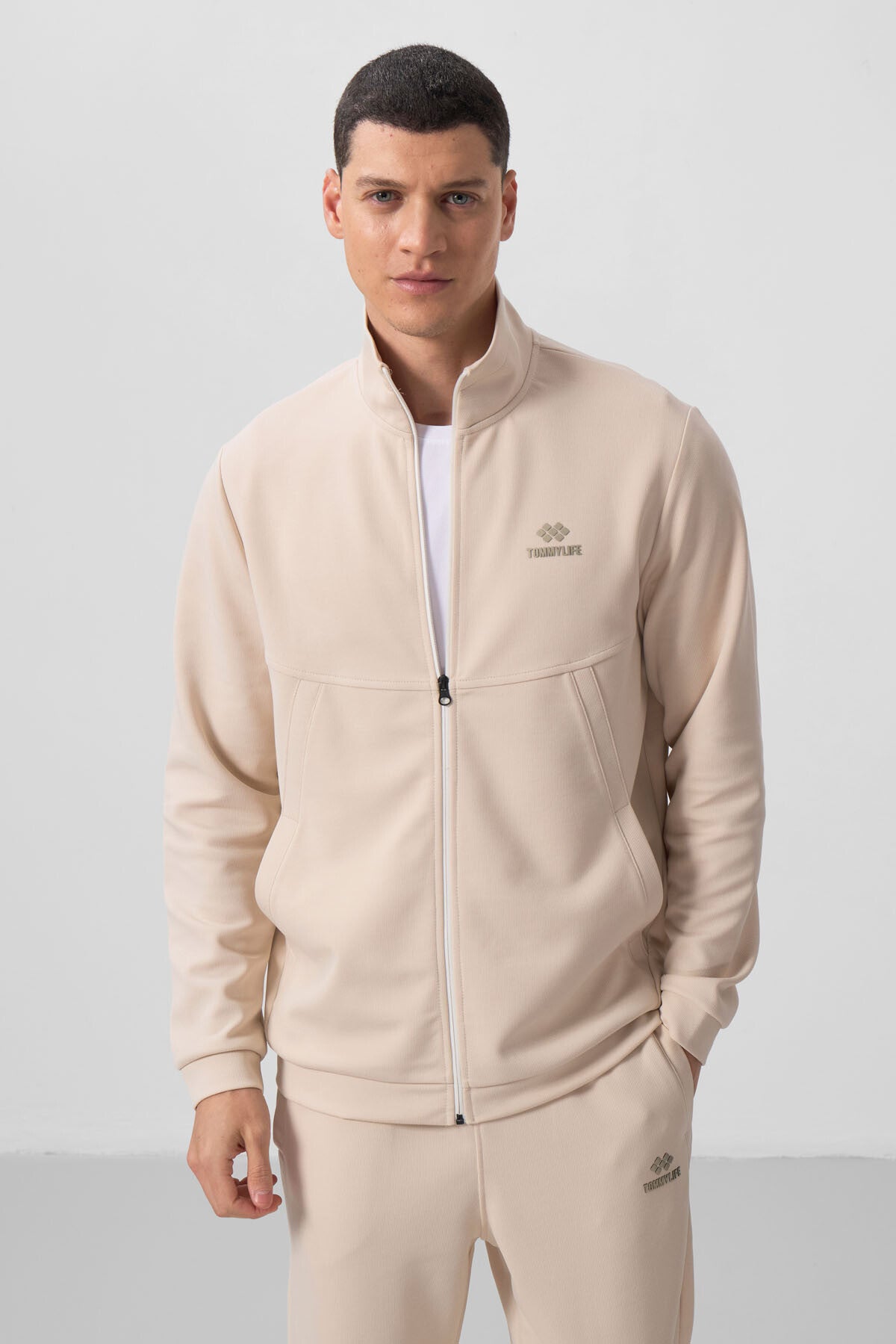 Bej Yüzeyi Dokulu Rahat Form Erkek Eşofman Takım - 85273