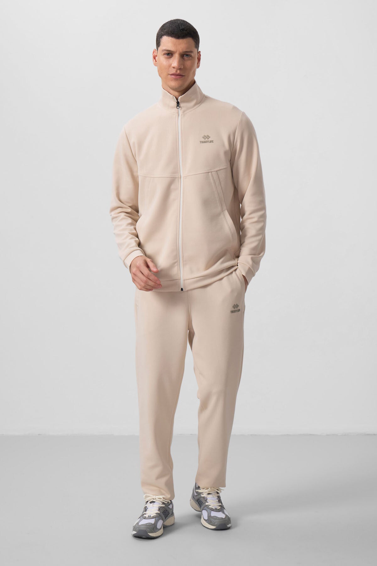 Bej Yüzeyi Dokulu Rahat Form Erkek Eşofman Takım - 85273