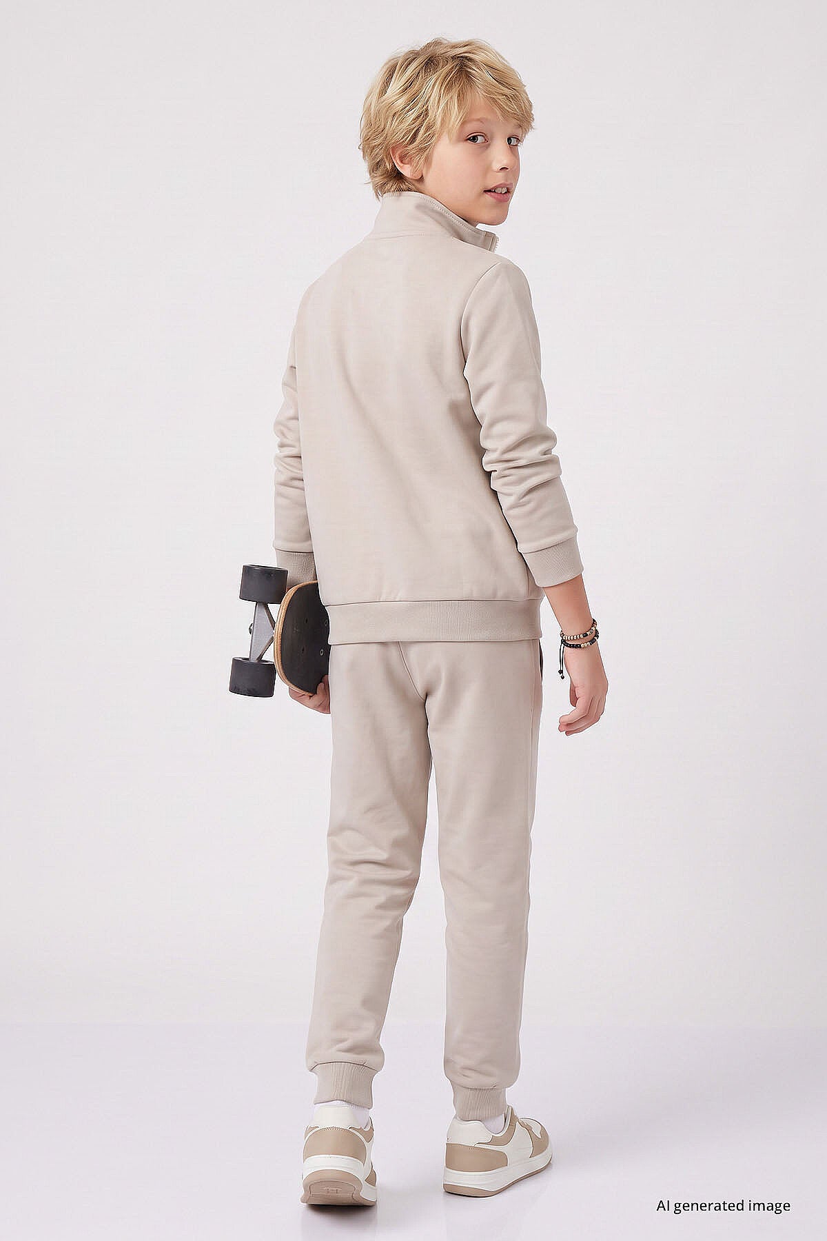 Bej Standart Fit Basic Dik Yaka Jogger Erkek Çocuk Eşofman Takım - 11327