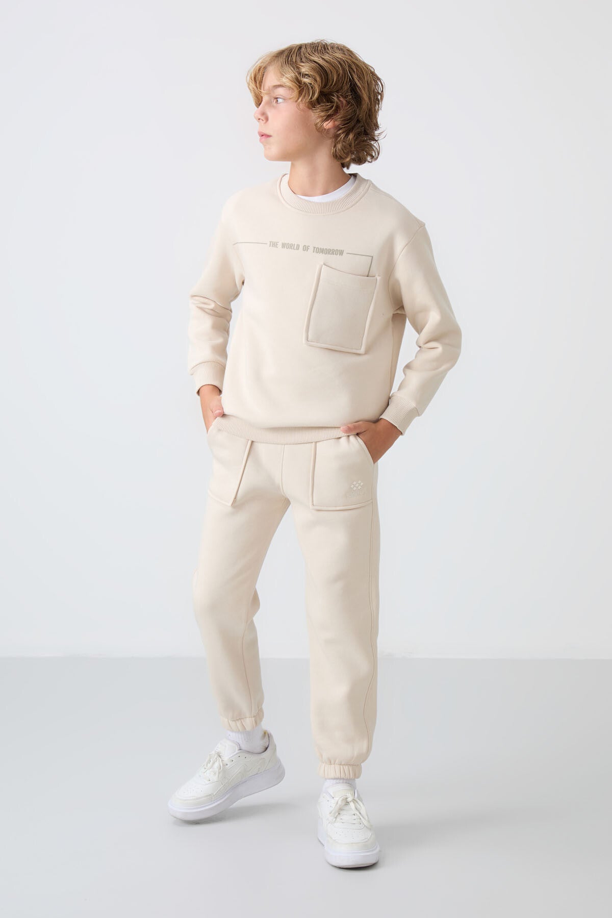 Bej Pamuklu Kalın İçi Tüylü Yumuşak Dokulu Standart Fit Baskılı Erkek Çocuk Eşofman Takım - 11257